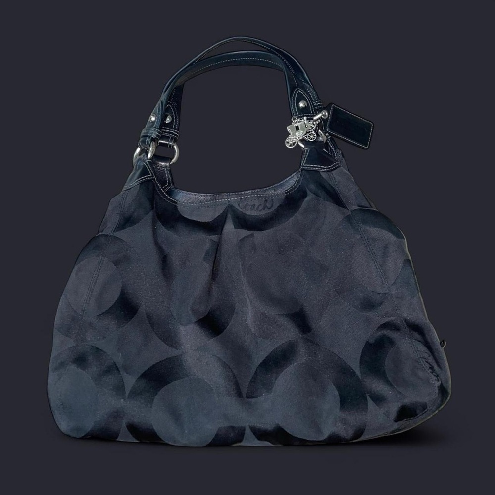 Coach Signature Black Maggie 3 Compartment Hobo Handbag